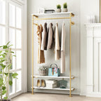 Gold Wall Clothing Racks with White Shelves, Wall Mounted Gold Clothes Rack for Hanging Rods，Heavy Duty Industrial Pipe Clothing Racks With Shelves Retail Display Garment Rack for Home