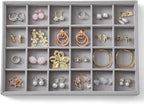 Large Jewelry Organizer for Drawer Insert Velvet Stackable Jewelry Trays for Earring Necklace Bracelet Ring Display (Gray, 24 Grids)