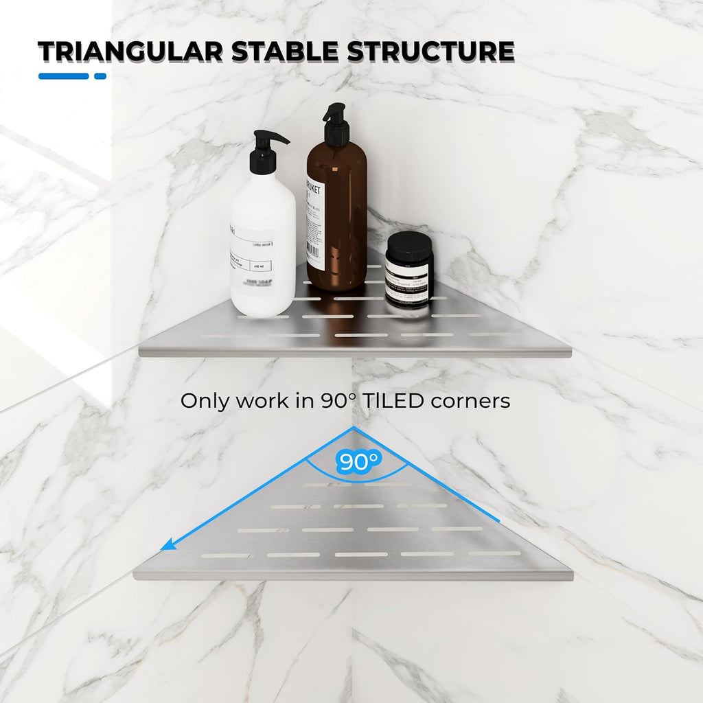 FerdY 2-Pack 10" Brushed Nickel Recessed Corner Shower Shelf, for Tiled Bathroom Walls, 304 Stainless Steel Floating Shelf, Shower Caddy Storage Shelves, No Drilling Required, Striped Triangle
