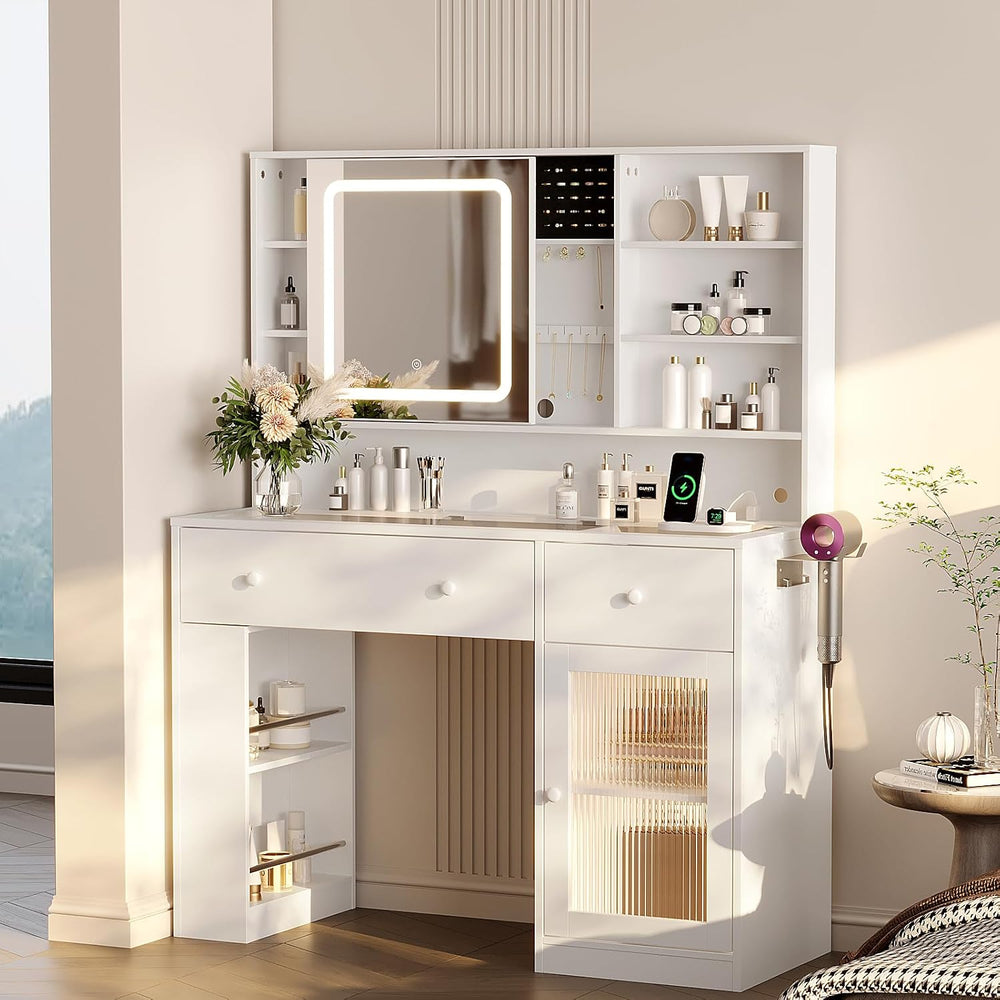 VINGLI Vanity Desk with Sliding Mirror and Lights, Glass Top Makeup Vanity Ta...