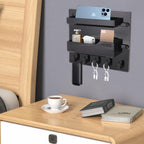 Bedside Shelf Wall Mount, Adhesive Bedside Shelf Accessories Organizer with Hooks and Cable Clips,Dorm Bedside Wall Storage for Phone, Remote, Earphone, Kindle,Plastic (5 Hooks Style-Black)