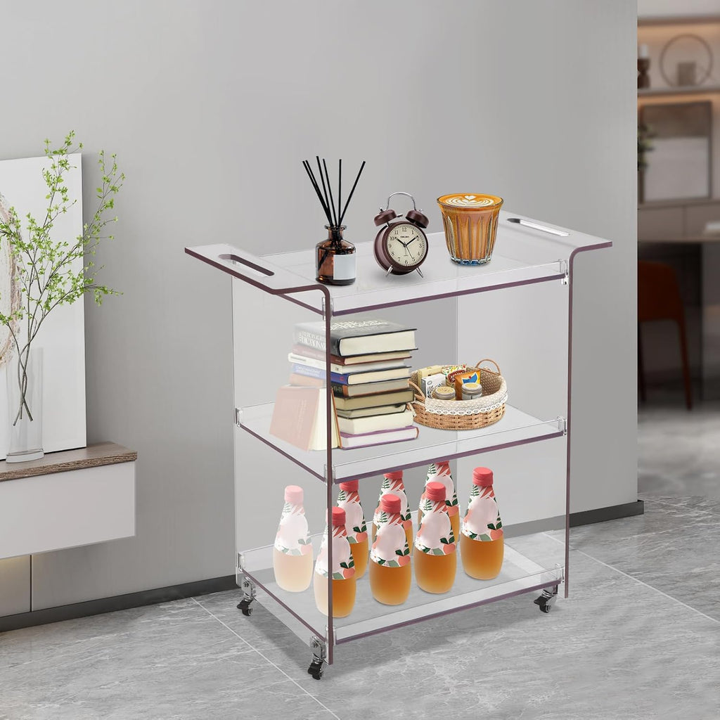 3-Tier Rolling Utility Cart with Wheels, 28×11.8×28.7In PC Rolling Serving Cart, Freestanding Trolley for Homes, Bars, Cafes