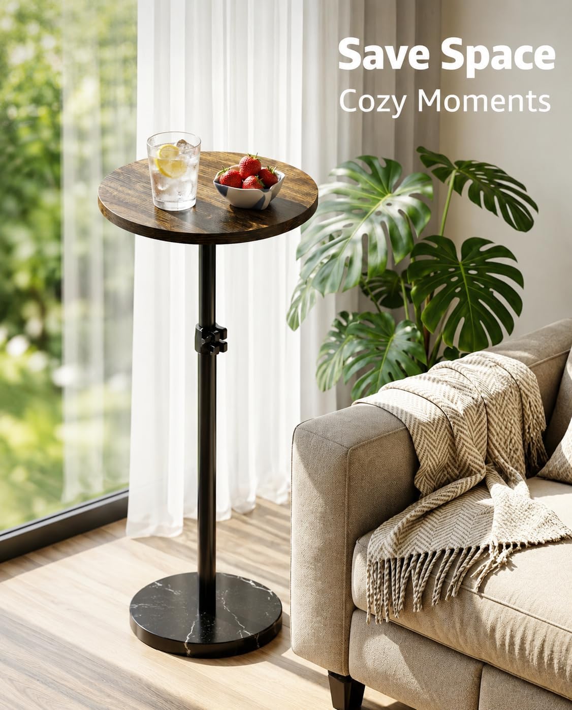 Adjustable Drink Table, Round Pedestal Side Table for Small Spaces | 9 lbs Marble Base, 18–31'' Height, Waterproof Coated, Brown & Black