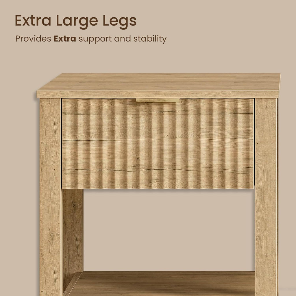 Fluted Night Stand with Golden Handle,Mid-Century Nightstands with Drawer,Modern Bedside Table with Storage Shelf,Large End Tables for Livingroom,Bed Side Tables for Bedroom,Natural Oak