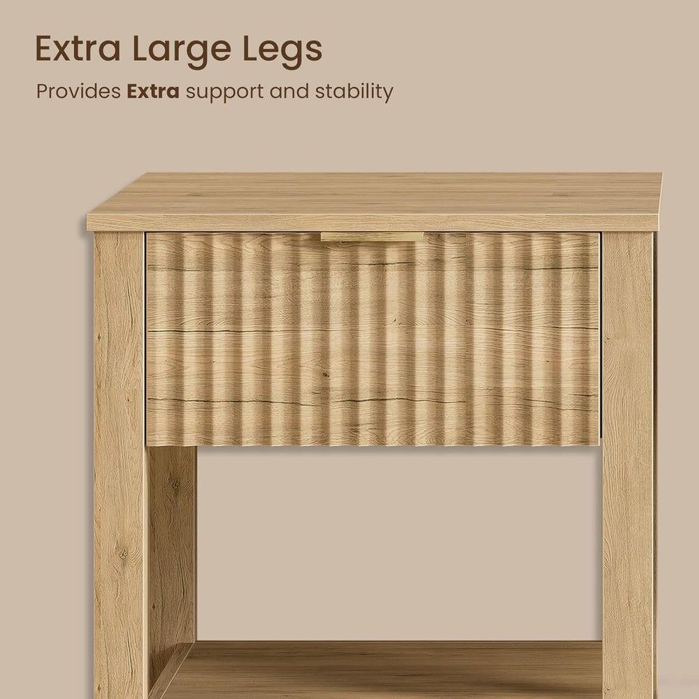 Fluted Night Stand with Golden Handle,Set of 2 Mid-Century Nightstands with D...