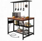47" Kitchen Island with Storage and Power Outlet - 3-Tier Bakers Rack Microwave Stand, Industrial Coffee Bar Table with Built-in 4-Outlet Power Hub, 5 Hanging s-Hooks & Open Tiered Shelves for Dining