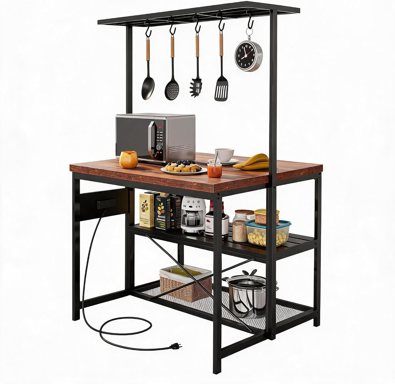 47" Kitchen Island with Storage and Power Outlet - 3-Tier Bakers Rack Microwave Stand, Industrial Coffee Bar Table with Built-in 4-Outlet Power Hub, 5 Hanging s-Hooks & Open Tiered Shelves for Dining