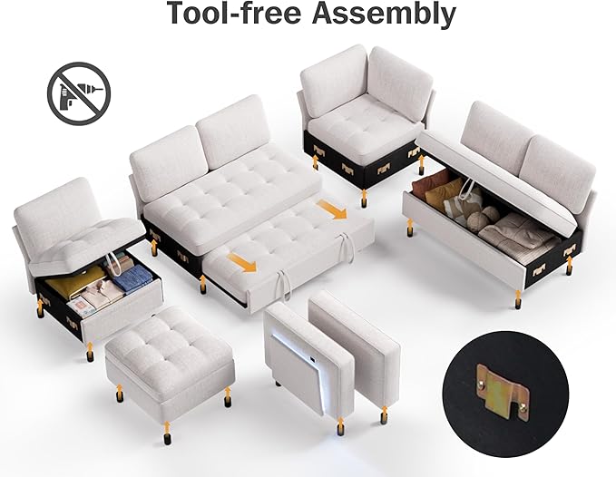 Vipbear 7 Seat L Shaped Modular Sectional Sleeper Sofa Bed with Ottoman/Pull Out Bed/Reclining Backrest/USB Ports/Table/LED Light/Storage Seat, Tool-Free Assembly, Chenille Beige