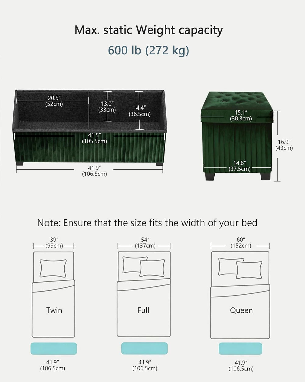 LITZFUR 43 Inches Storage Ottoman Bench, Velvet Foot Rest Stool, Green | Fold...