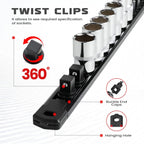 ALOANES 1/2-Inch Drive Magnetic Socket Organizer, Heavy Duty Aluminum Socket Rail Organizer, 360° Swivel Clips Socket Holder Kit for Tool Box, 1/2 Inch Socket Holder x 12 Clips (Black)