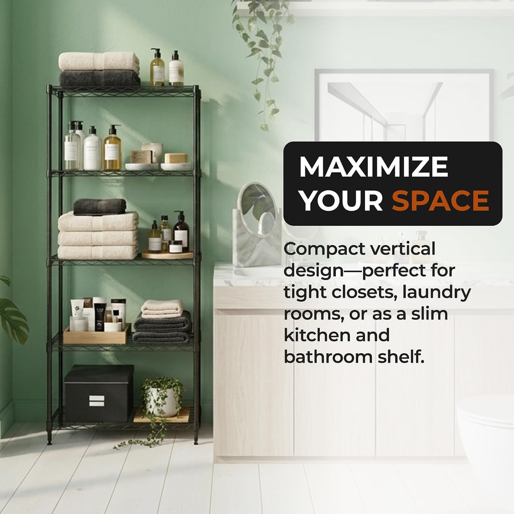5-Tier Metal Shelf, 250 lb/Shelf, NSF, Black, 14x24x59 in | NSF certified for food-safe pantry, kitchen and commercial prep areas