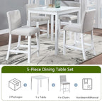 KEIKI 5-Piece Counter Height Dining Table Set with Square Table and 4 Upholstered Chair, for 4 Person, Modern Style Crystal Decoration Wooden Table Set, Easy Assembly, for Kitchen, Dining Room,White