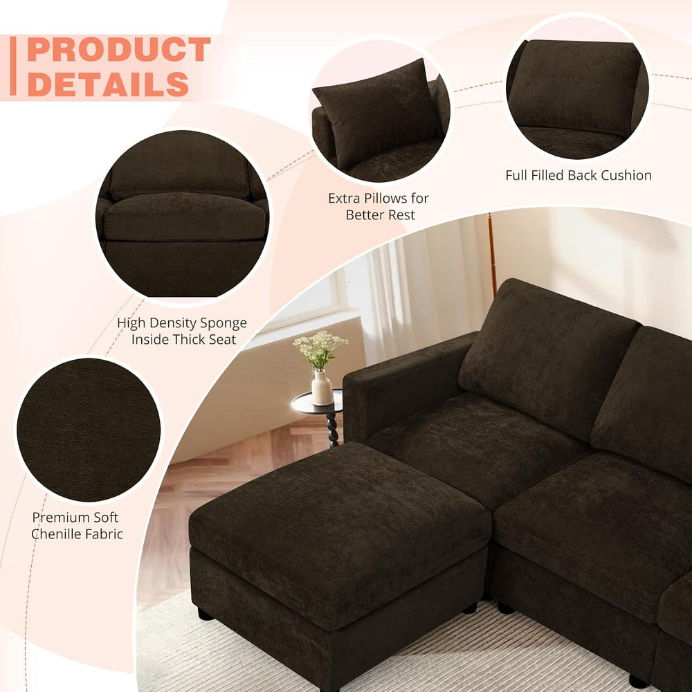 84” Chenille 3-Seats Sofa W/Movable Ottoman, Brown | Modern Fabric L-Shaped C...