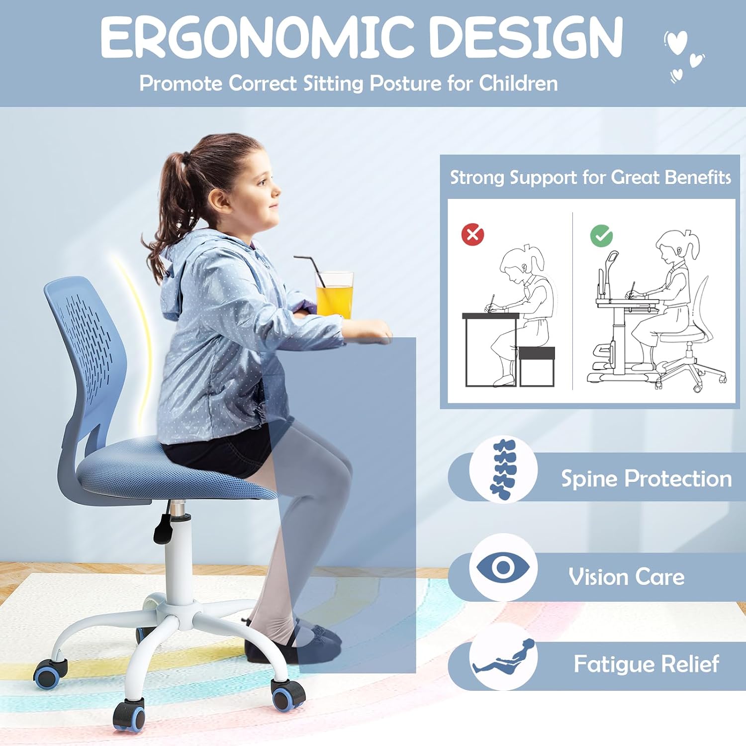 HONEY JOY Kids Desk Chair, Children Study Chair w/Adjustable Height, Low Back, Swivel Rolling Mesh Task Student Chair, Kids Computer Chair for Teens Girls Boys Home/School/Office (Blue)