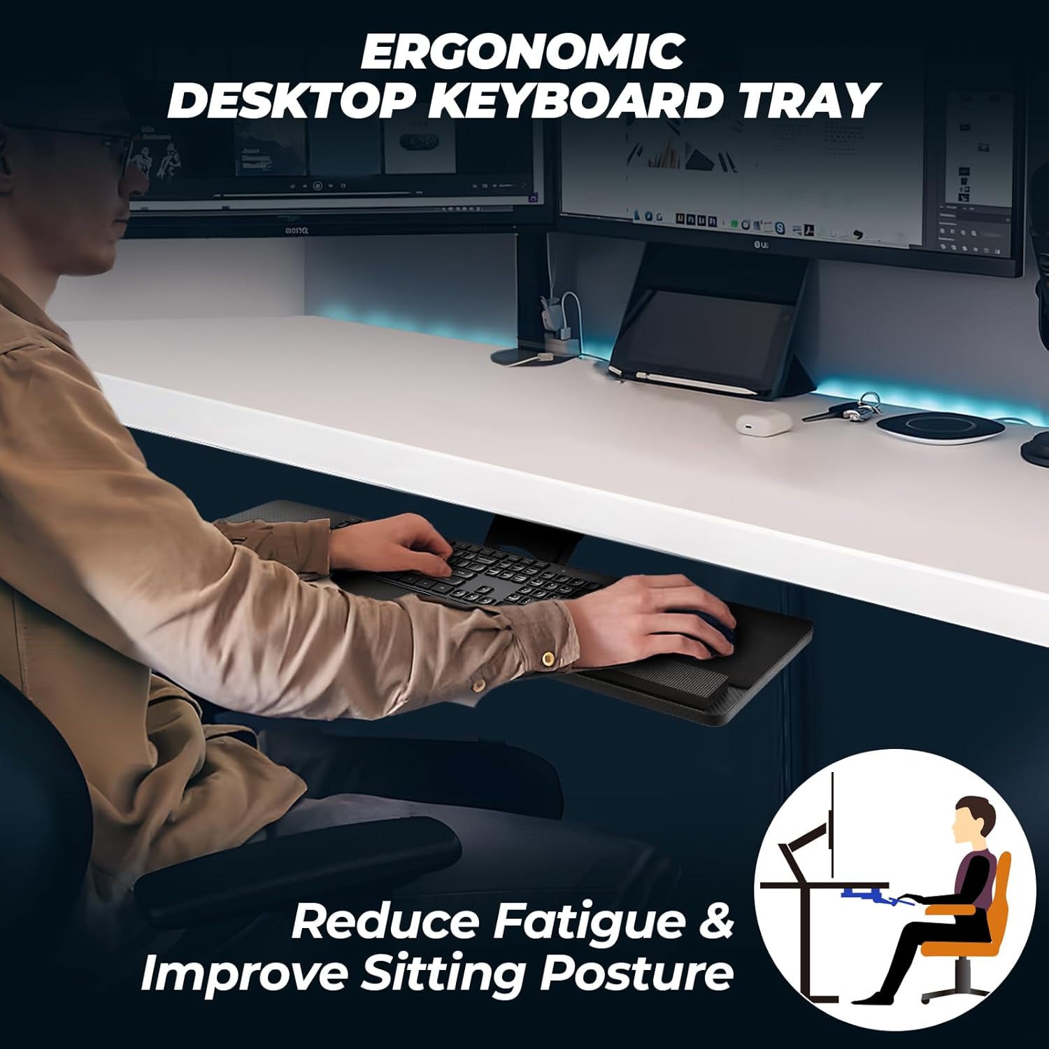 FAHKNS Keyboard Tray Under Desk，Multi-Function Keyboard Tray Adjustable with Mouse Pad & Wrist Rest，Ergonomic Large Size Keypad Tray Holder， Suitable for Office/Game/Home