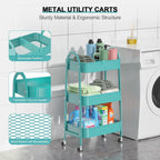 EAGMAK 3 Tier Utility Rolling Cart, Metal Storage Cart with Handle and Lockable Wheels, Multifunctional Storage Organizer Trolley with Mesh Baskets for Kitchen, Living Room, Office, Garage (Turquoise)