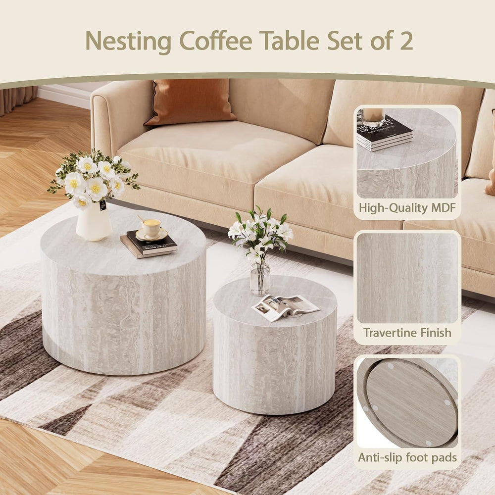Modern Nesting Coffee Table Set of 2, Round Travertine End Side Tables | Cont...