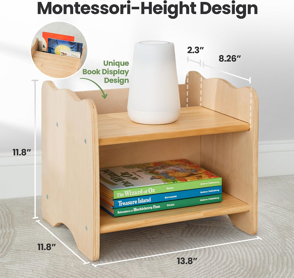 Ocodile Kids Nightstand for Floor Beds, Solid Wood Small Bedside Table with Book Pocket, Low Tiny Nightstand for Nursery, Toddler & Kids Room, Montessori Style Side Table - Varnished