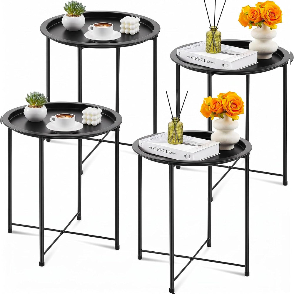 4 Pcs Metal Folding Side Table, Round End Table for Outdoor Patio Balcony