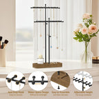 MODOWEY Necklace Holder Organizer Stand with 36 Hooks, Tall Display Tree Rack for Women Men Jewelry Storage, Adjustable 2 tier Metal Hanger Wood Tray for Vendor, Large Capacity for Dresser Small Space