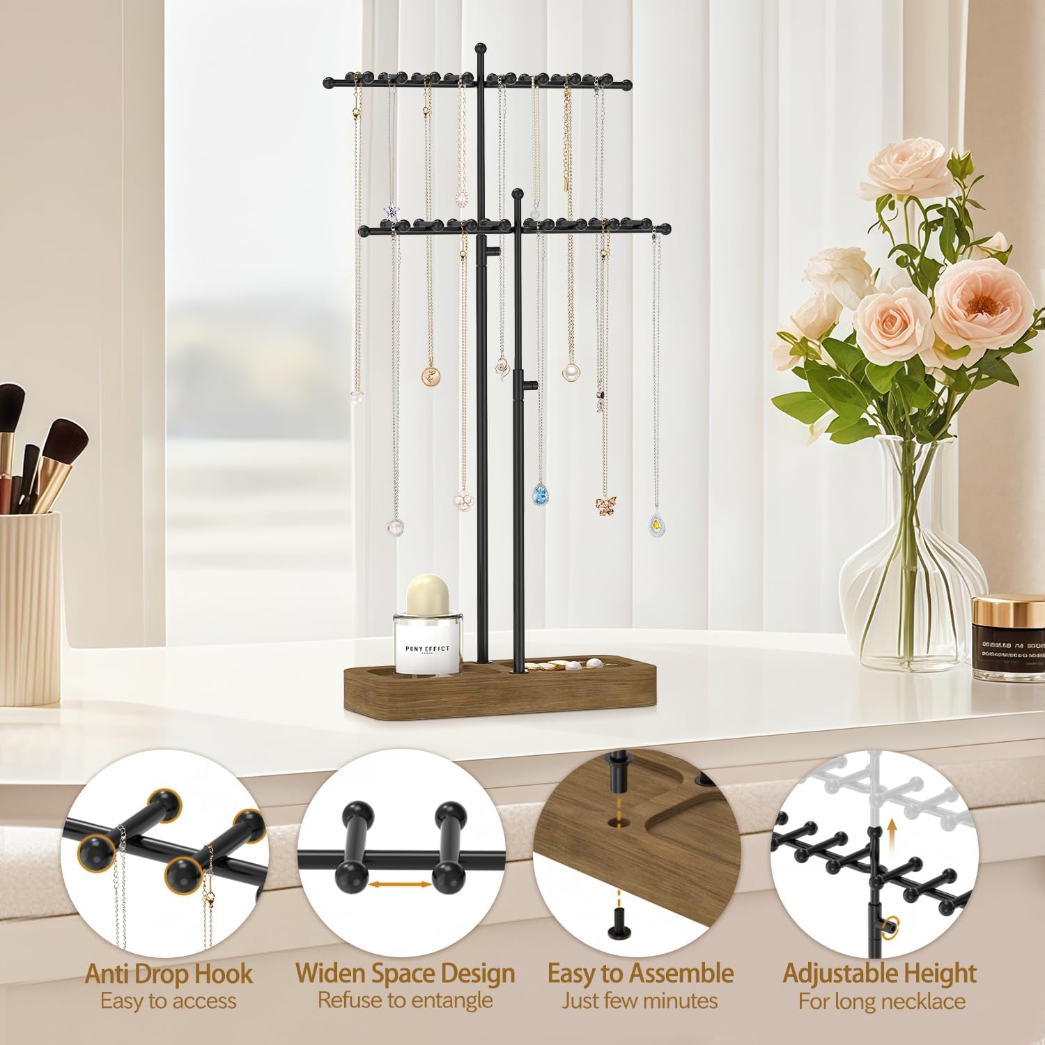 MODOWEY Necklace Holder Organizer Stand with 36 Hooks, Tall Display Tree Rack for Women Men Jewelry Storage, Adjustable 2 tier Metal Hanger Wood Tray for Vendor, Large Capacity for Dresser Small Space