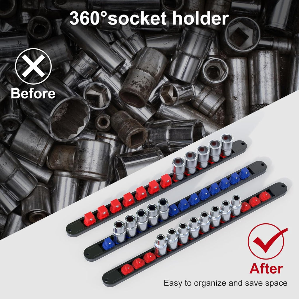 FIVEPEARS 6PCS 360° Socket Organizer Twist Lock,3/8 1/4 1/2 Socket Storage Rails, Premium Quality Socket Holders for Tool Box ，Tool Carts，Contains up to 80 Clips (Blue & Red)