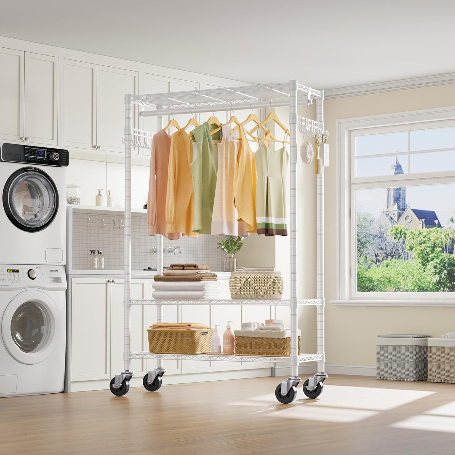 VIPEK R3 Rolling Clothing Rack Heavy Duty Garment Rack for Hanging Clothes, Portable Closet Wardrobe with Wheels and Side Hooks, Adjustable Freestanding Metal Clothes Rack with Shelves, White