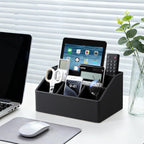 Remote Control Holder with 5 Compartments for Office Art Supplies, PU Leather Nightstand Organizer Pencil Pen Desk Caddy for Home, Desktop TV Remote Control Organizer Storage (Black)