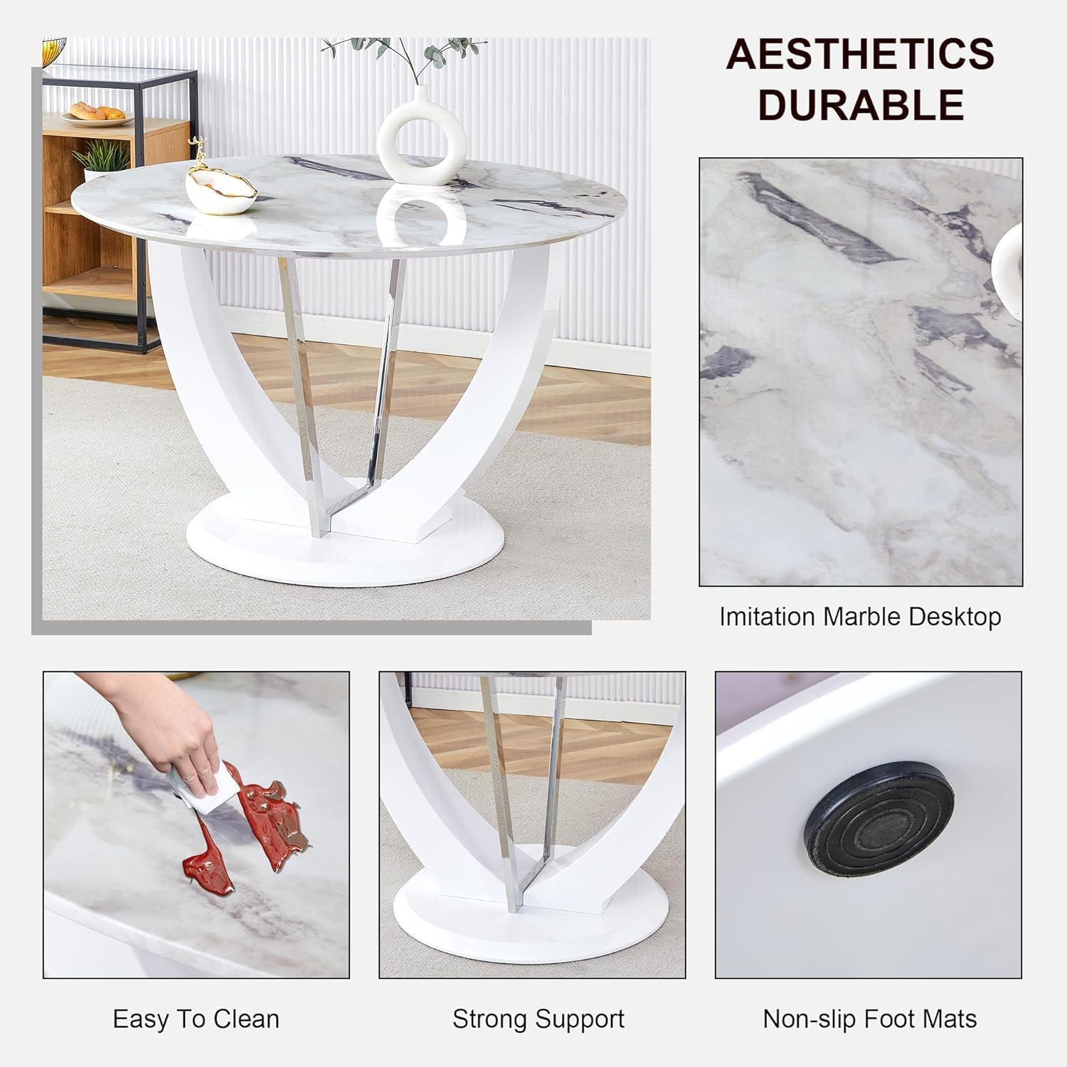Modern 5 Piece Round Dining Table Set for 4, 47.2" White Faux Marble Kitchen Table with Black Upholstered PU Leather Chairs, Dining Room Furniture Set for Apartment, Breakfast Nook, Small Space