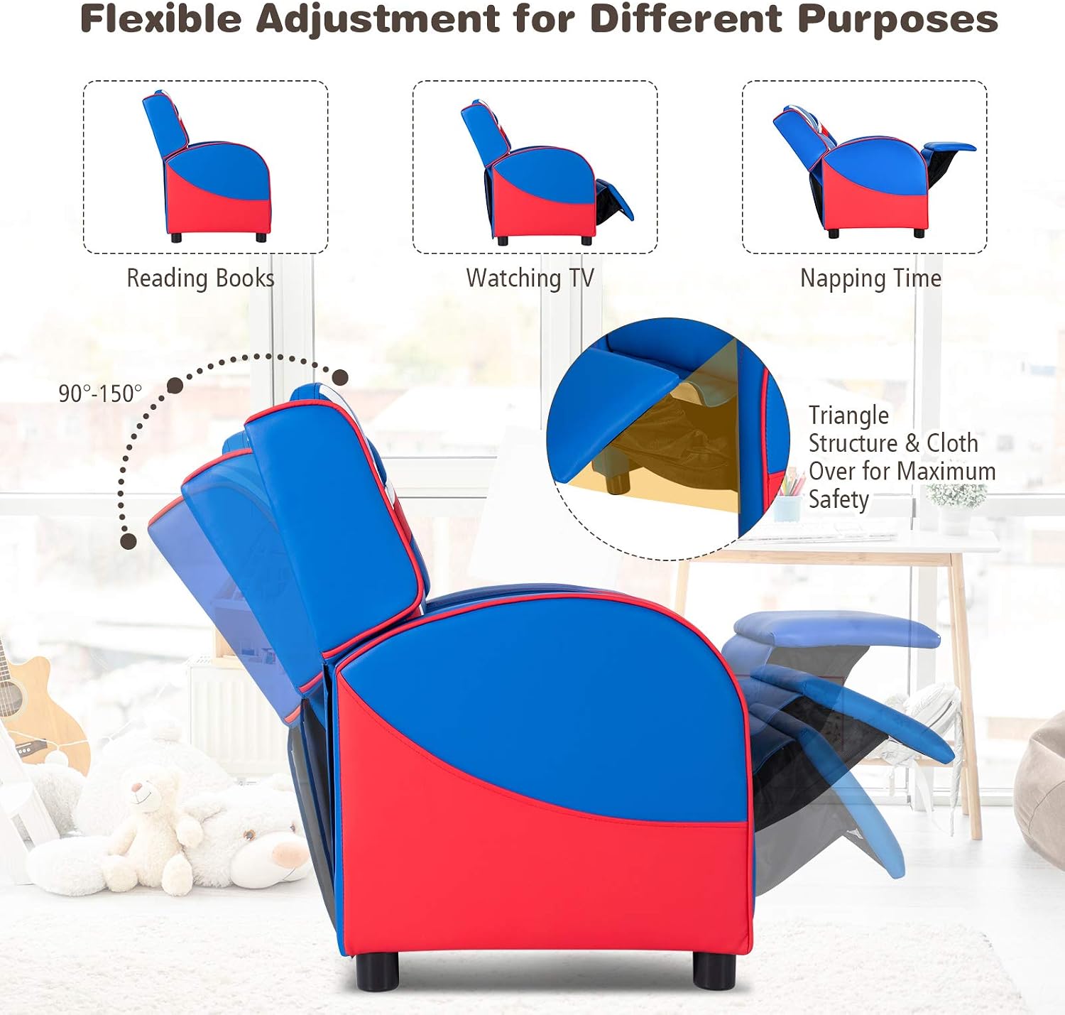Costzon Kids Recliner, Gaming Recliner Chair w/Footrest, Headrest, Lumbar Support & Side Pockets, Ergonomic Leather Lounge Chair for Living & Gaming Room, Adjustable Recliner Sofa for Boys Girls, Blue