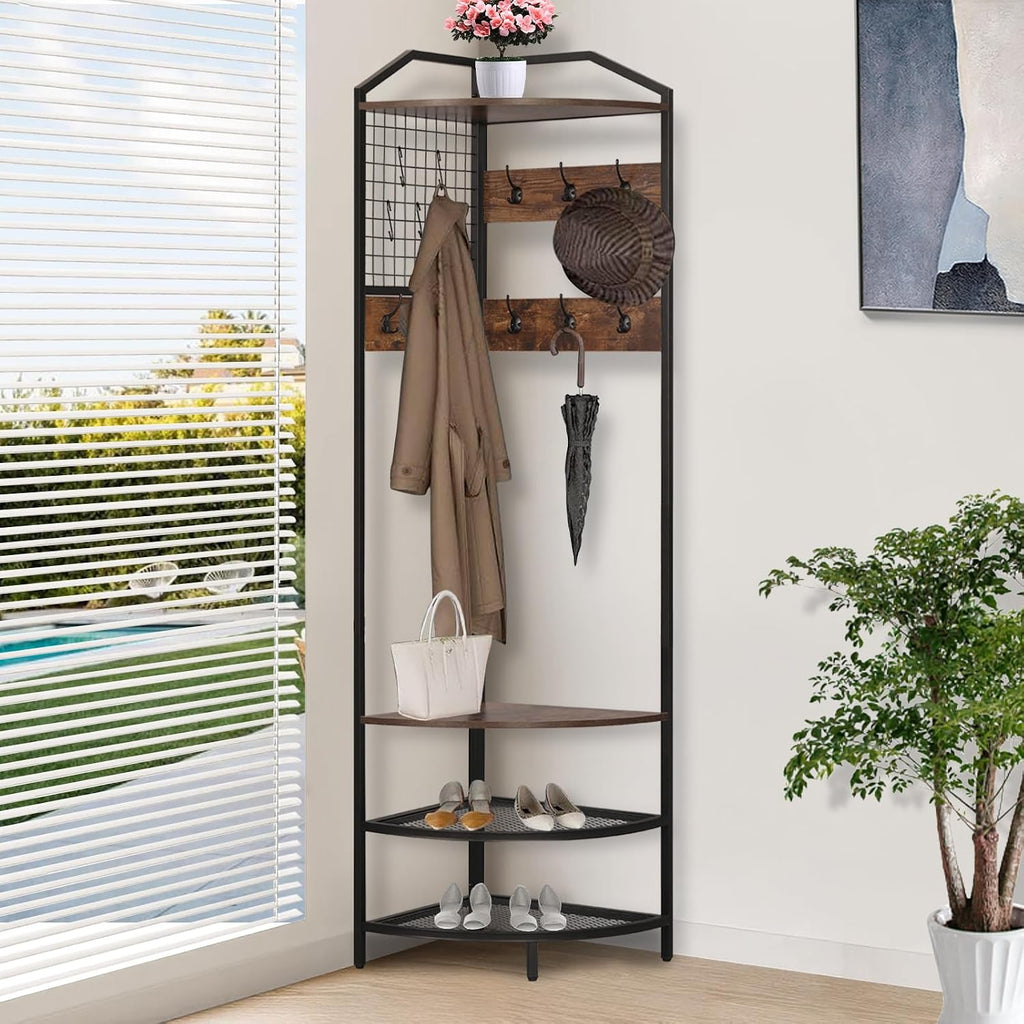 Corner Coat Rack, Hall Tree with Bench and Shoe Storage | Wood Entryway Organizer with 14 Metal Hooks, Freestanding Corner Shelves for Entryway, Hallway