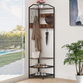 Corner Coat Rack, Hall Tree with Bench and Shoe Storage | Wood Entryway Organizer with 14 Metal Hooks, Freestanding Corner Shelves for Entryway, Hallway