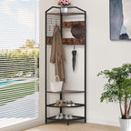 Corner Coat Rack, Hall Tree with Bench and Shoe Storage | Wood Entryway Organizer with 14 Metal Hooks, Freestanding Corner Shelves for Entryway, Hallway