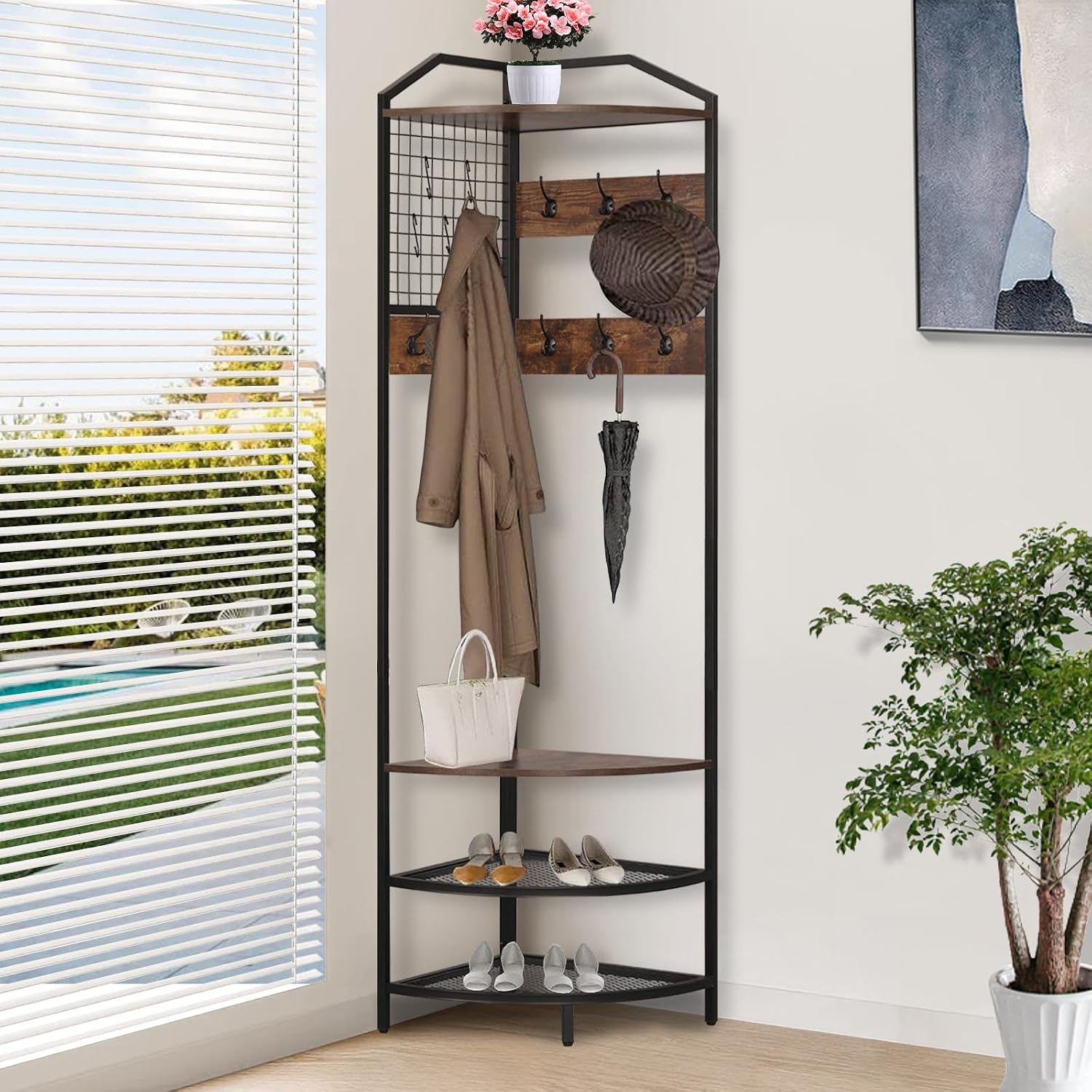 Corner Coat Rack, Hall Tree with Bench and Shoe Storage | Wood Entryway Organizer with 14 Metal Hooks, Freestanding Corner Shelves for Entryway, Hallway