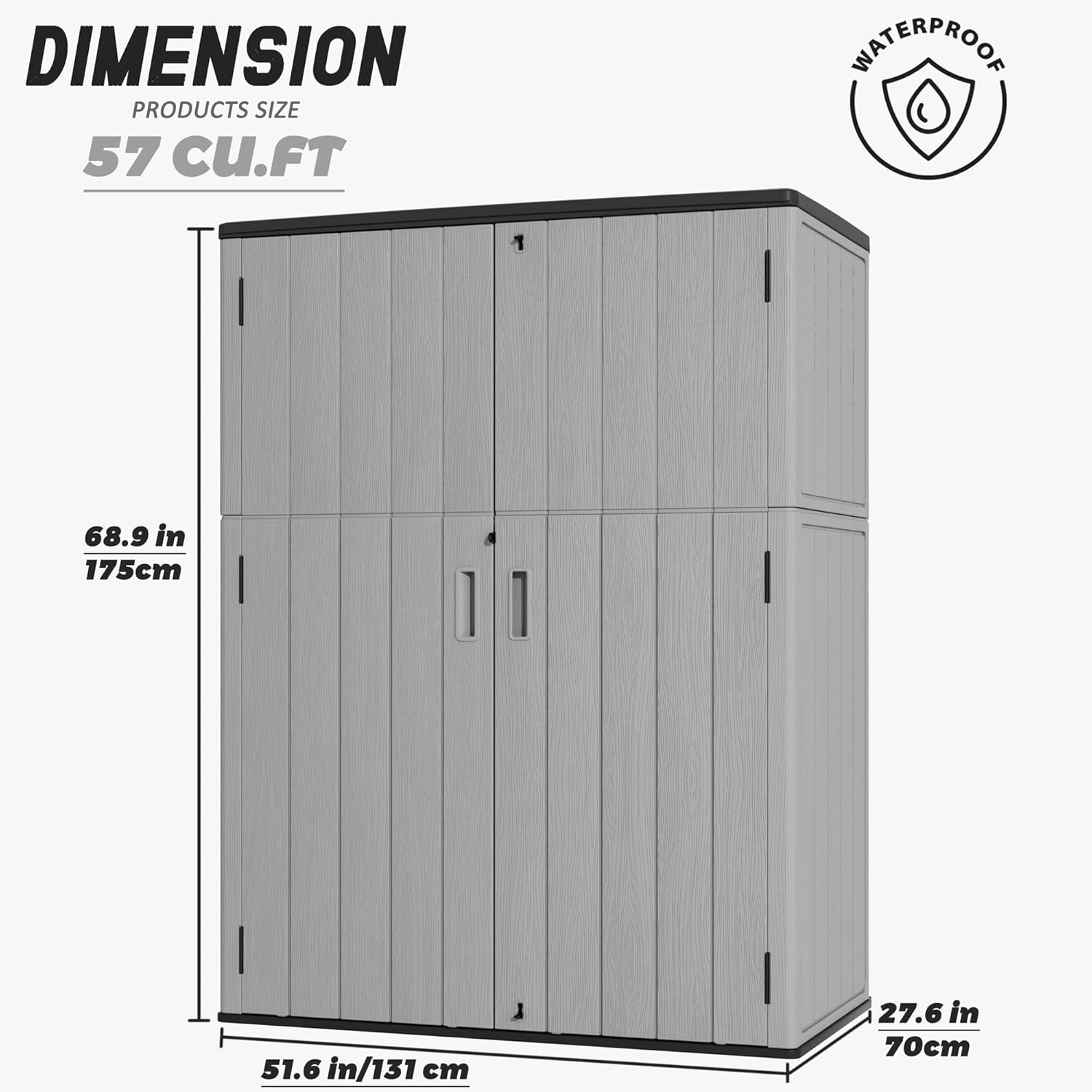 Outdoor Storage Shed Waterproof,Resin Storage Sheds Outdoor with Floor,Outdoor Storage Cabinet for Garage Storage, Pool Storage, Bike, Garden (57Cu.ft)