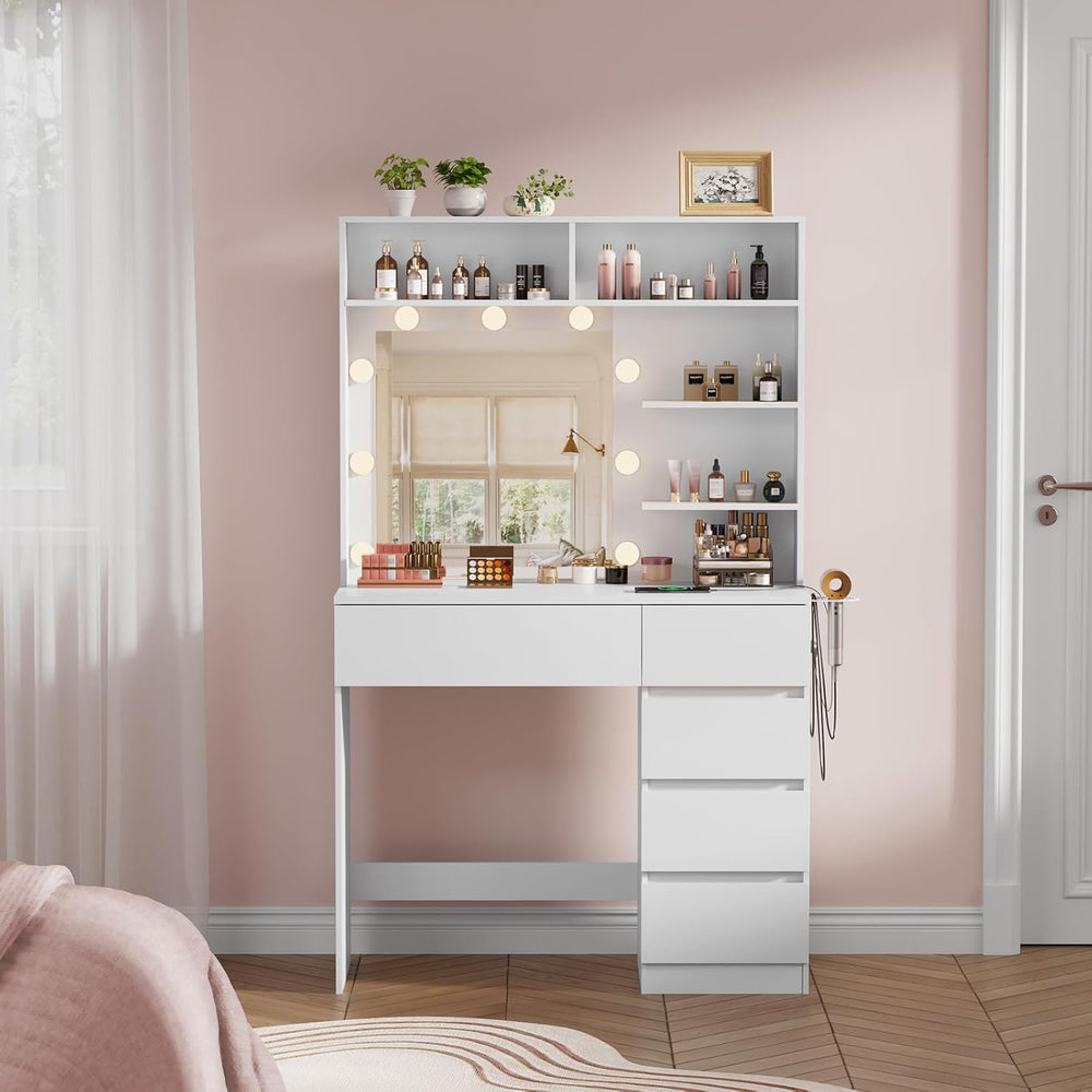 Vanity Desk with Mirror, LED Lights and Power Outlet, Makeup Vanity Table wit...