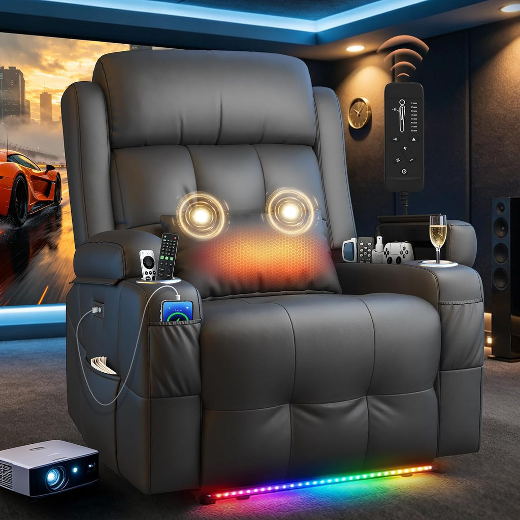 Power Recliner Chair with Heat and Back Massage, Electric Power Oversized Reclining Chair Infinite Position with Storage Armrests & 2 Cup Holders for Living Room, Brown