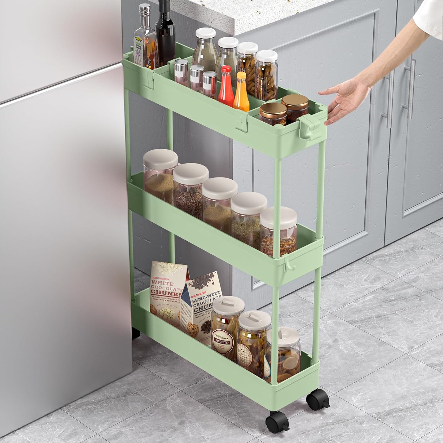 SPACELEAD Slim Storage Cart 3 Tier,Bathroom Organizer Rolling Utility,Mobile Shelving Unit Slide Out for Office, Kitchen, Laundry Room & Narrow Places，Green