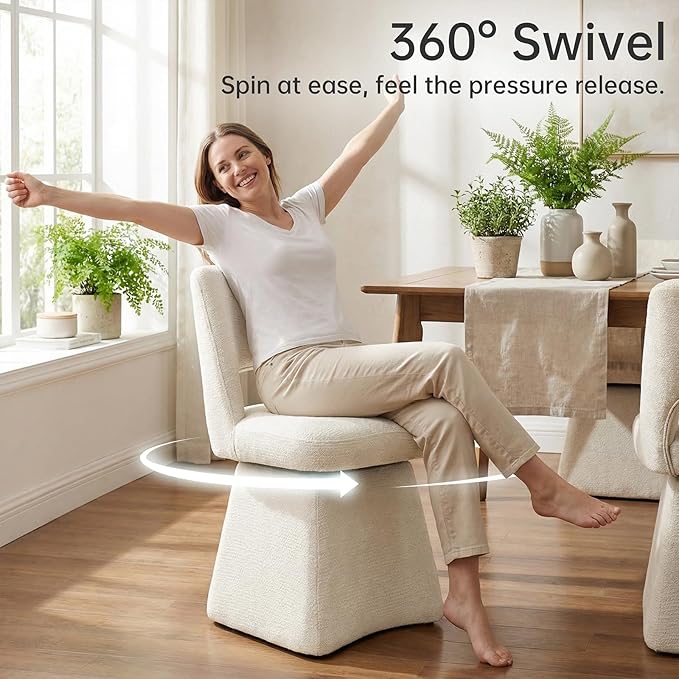 VKNOW Upholstered Swivel Dining Chairs, Modern Dining Room Chairs with Open Back, Chenille Fabric Kitchen Chairs for Dining Room, Living Room, Bedroom, Vanity, Beige(1 Pack)