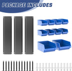WALMANN Wall Mounted Storage Bins for Small Parts, 10 Bins with 3 Metal Rails, Plastic Wall Bins for Screws, Bolts, Nuts, Craft Room, Workshop, and Garage Storage Bins(Blue)