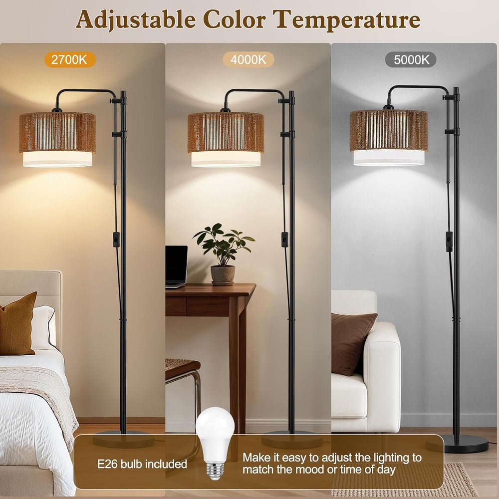 GyroVu Rattan Floor Lamp for Living Room, Adjustable Height Standing Lamp