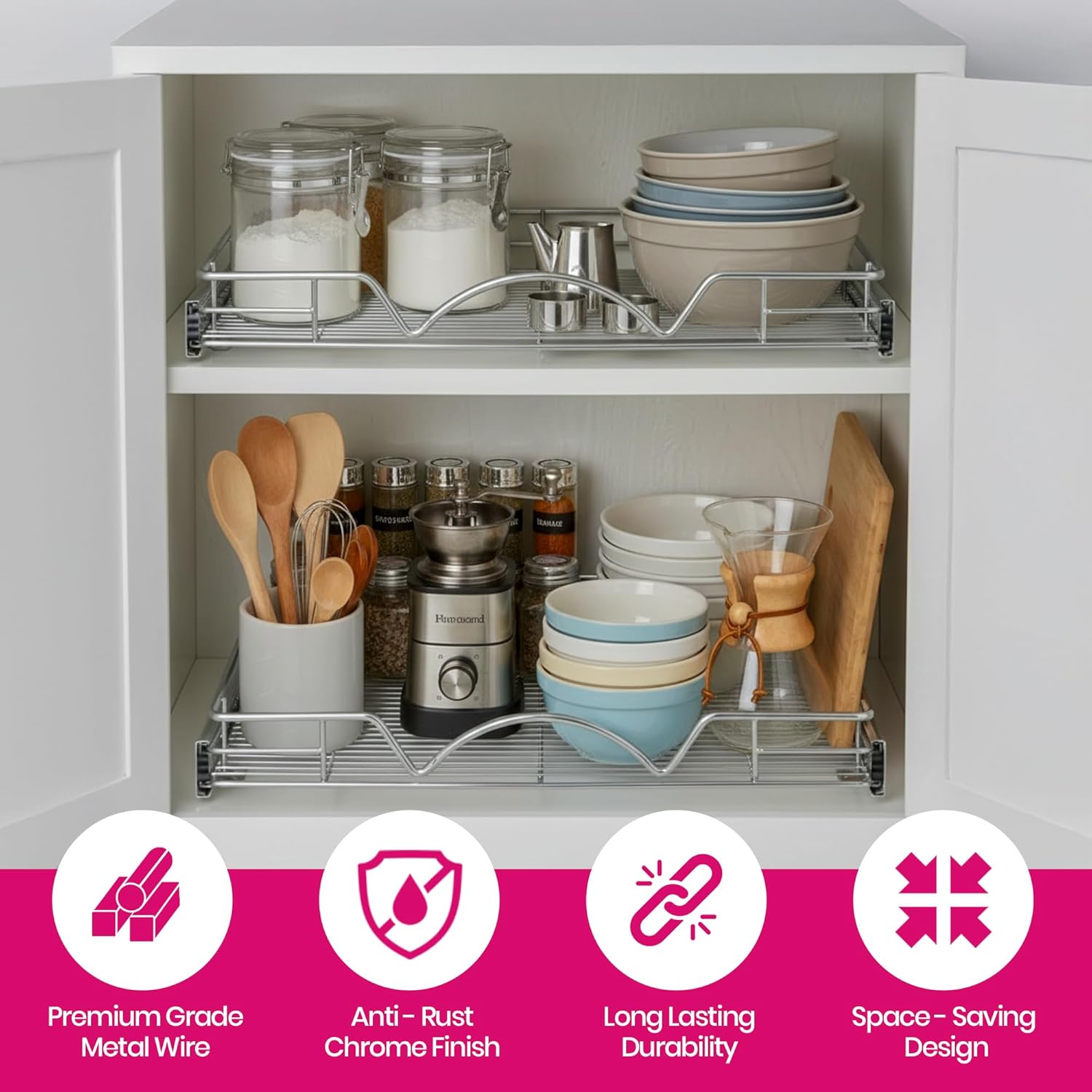 HOLDN’ STORAGE Pull Out Cabinet Organizer, Heavy Duty Caddy w/Lifetime Limited Warranty - 8”W x 21”D - Requires At Least 9-1/4” Cabinet Opening, Steel Metal Cabinet Drawers Slide Out, Chrome