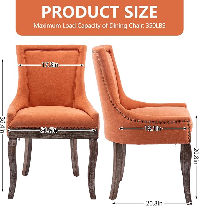 Modern Dining Chairs Set of 2, High Back Dining Chairs Side Chairs with Solid Wood Legs, Upholstered Fabric Dining Room Chairs for Dining Room Kitchen, Orange