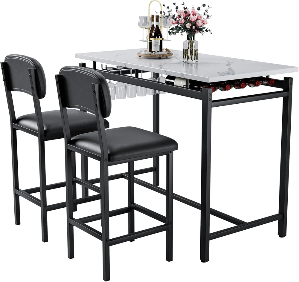 47" 3 Piece Bar Table Set with 2 Padded Chairs for Small Spaces Black | ...