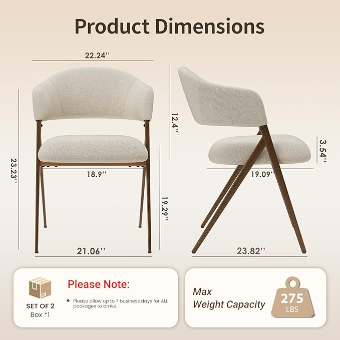 Dining Room Chairs Set of 2, Upholstered Dining Room Chairs, Mid Century Fabric Kitchen Chairs with Curved Backrest and Metal Legs, Beige