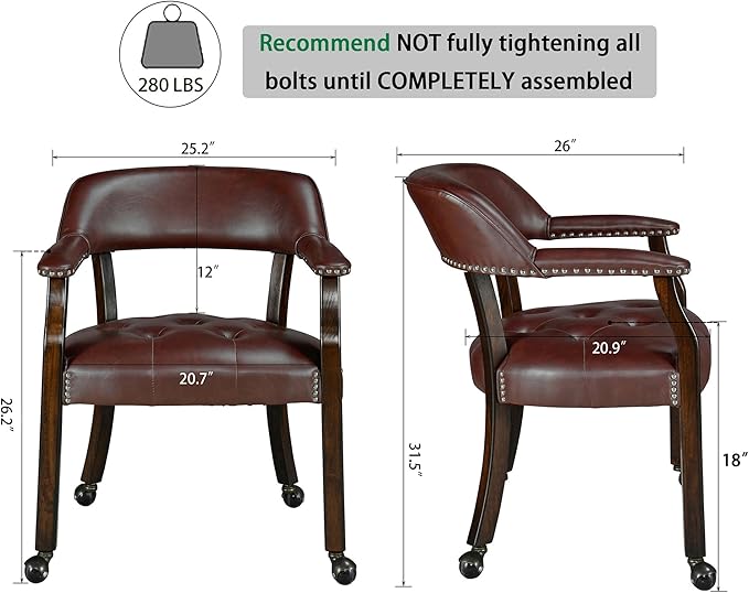 LEEMTORIG Dining Chairs with Casters and Arm, Large Rolling Dining Chairs with Wheel, Poker Table Chairs, Boss Caption's Chairs, 26"D x 25.2"W x 31.5"H, Espresso Legs & Wine Red Brown PU, XXY-1910-WR