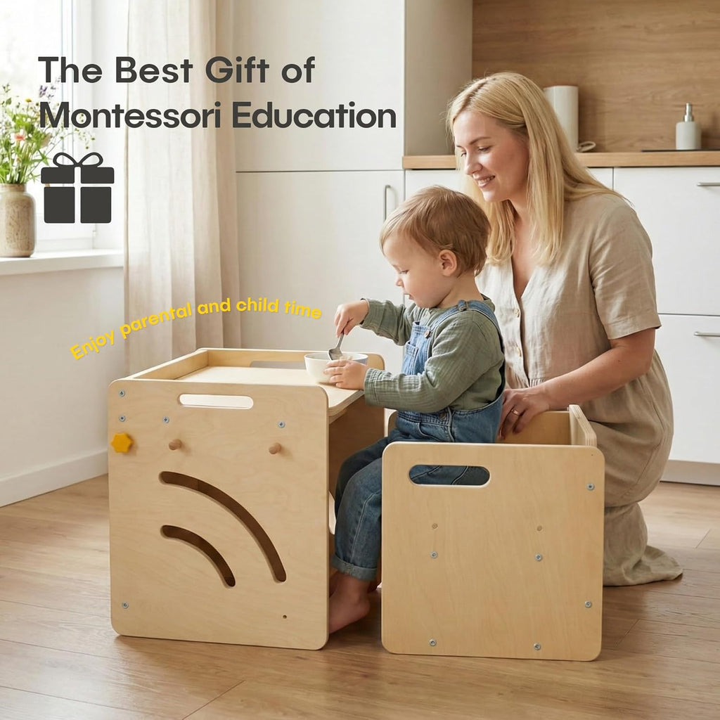 Montessori Table and Chair Set - Adjustable Toddler Weaning Table with Storage Box & Table Mat, Baby Furniture Gift for 1-3 Year Old Kids Learning, Play and Mealtime