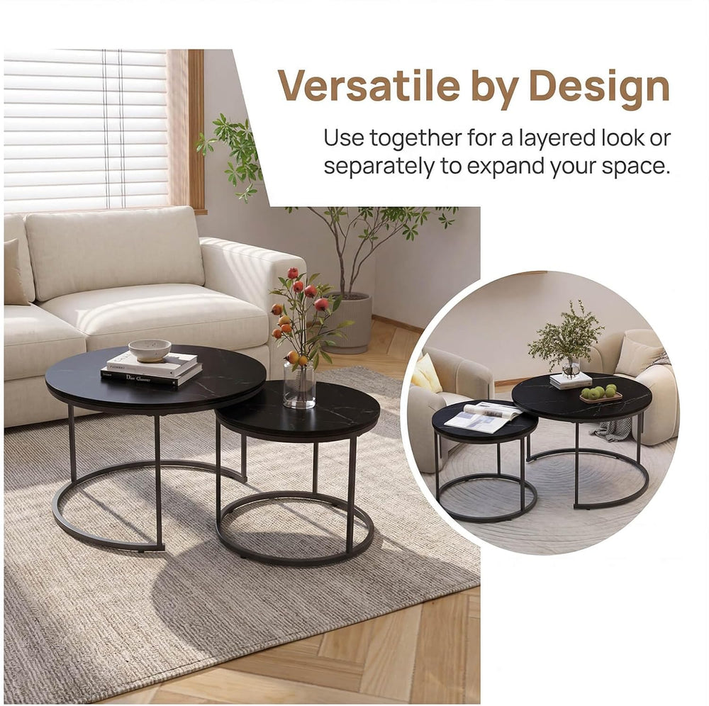 Nesting Coffee Table Set of 2, Round Nesting Tables with Marble-Look Top and ...