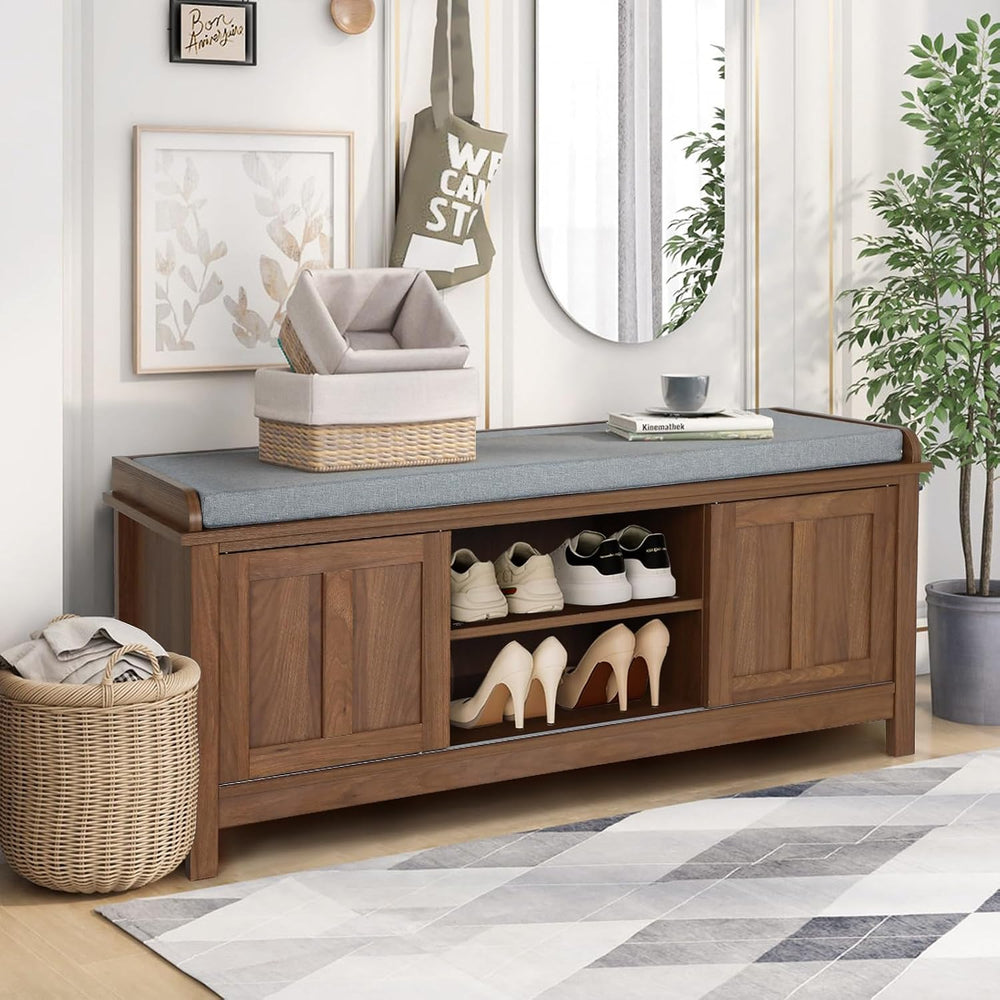 2-Tier Shoe Storage Bench,43" Wooden Shoe Cabinet with Sliding Doors,Wal...