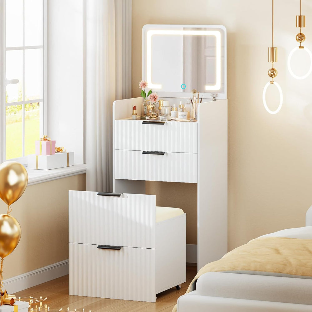 Small Vanity Desk with Mirror and Lights, 3-in-1 Compact Vanity Table | Chair...